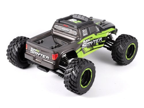 Electric 1/12 scale monster truck in green with 4WD, adjustable shocks, and LED lights for dynamic performance.
