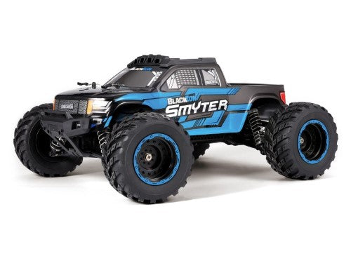 Blue 1/12 RTR EP Smyter 4WD electric monster truck with robust features for off-road racing and adjustable speed control.