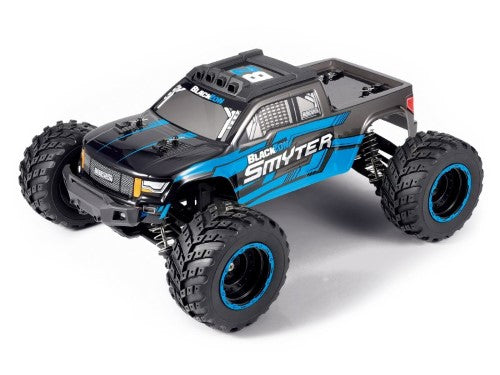 Radio control 1/12 RTR EP Smyter 4WD MT in blue, featuring robust suspension, powerful motor, and splashproof design for off-road fun.