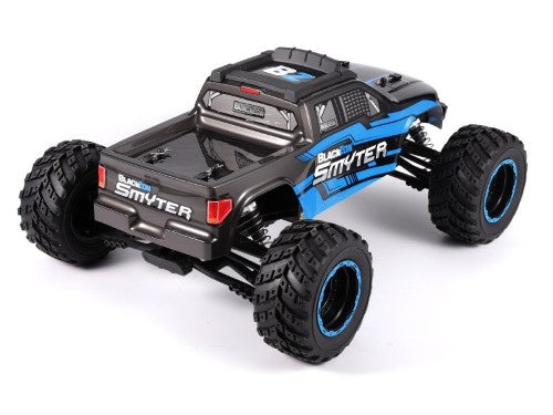 Radio control 1/12 RTR EP Smyter 4WD electric monster truck in blue, featuring robust 4WD, adjustable shocks, and splashproof design.