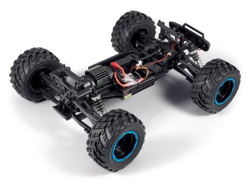 Electric blue 1/12 RTR EP Smyter 4WD monster truck with robust suspension, brushed motor, and splashproof design.