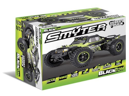Vibrant green 1/12 scale RC Smyter 4WD truck with customizable LED lights, ideal for all-terrain adventures and stunts.
