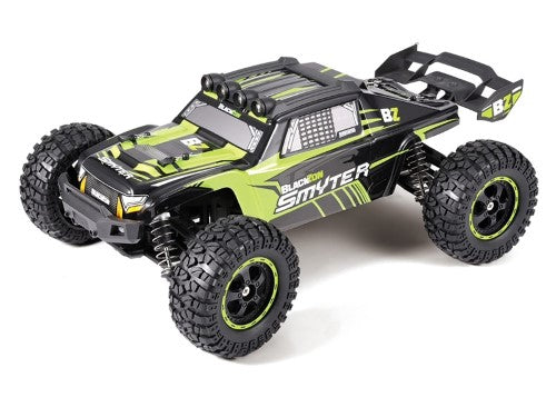 Radio Control 1/12 RTR EP Smyter 4WD DT in vibrant green, featuring 4WD, adjustable shocks, splashproof design, and LED lights.