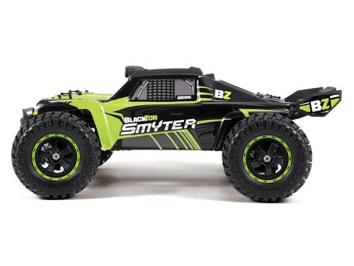 Vibrant green 1/12 RTR EP Smyter 4WD DT RC truck with advanced suspension, splashproof design, and LED lights for thrilling adventures.