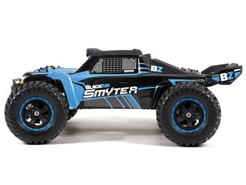 Electric blue 1/12 RC Smyter 4WD monster truck with adjustable shocks, splashproof electronics, and LED light options.