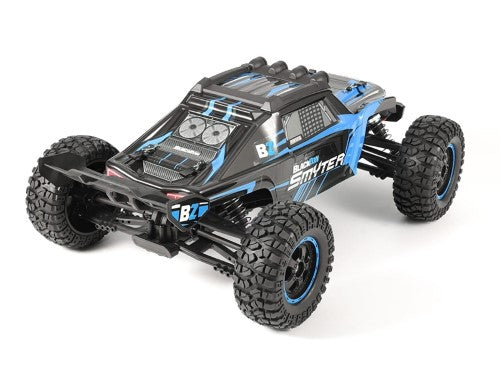 Radio Control 1/12 RTR EP Smyter 4WD DT in electric blue, all-terrain monster truck with 4WD, adjustable shocks, and splashproof design.