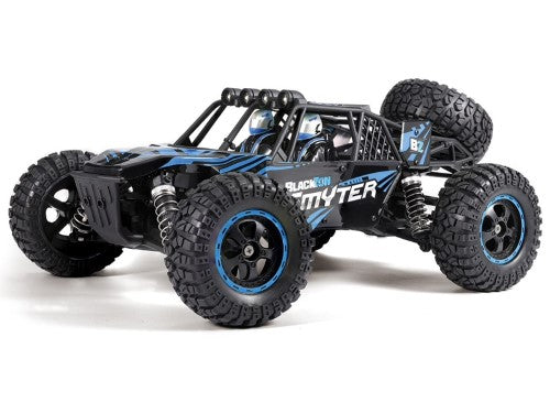 Remote control desert buggy in blue, featuring 4WD, independent suspension, and splashproof electronics for adventurous fun.