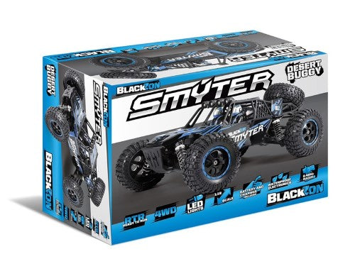Alt text: Blue and black 1/12 RTR EP Smyter 4WD DB, rugged RC desert buggy with LED lights and splashproof features, perfect for adventure.
