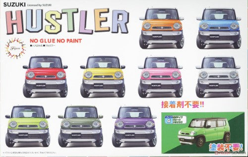 1/24 scale model kit of Suzuki Hustler in Positive Green Metallic, featuring easy SNAP assembly with detailed exclusive parts.