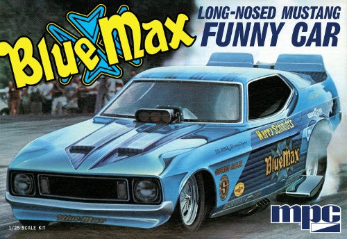 1/25 scale Blue Max Mustang Funny Car model kit featuring detailed components and nostalgic packaging for hobbyists and collectors.