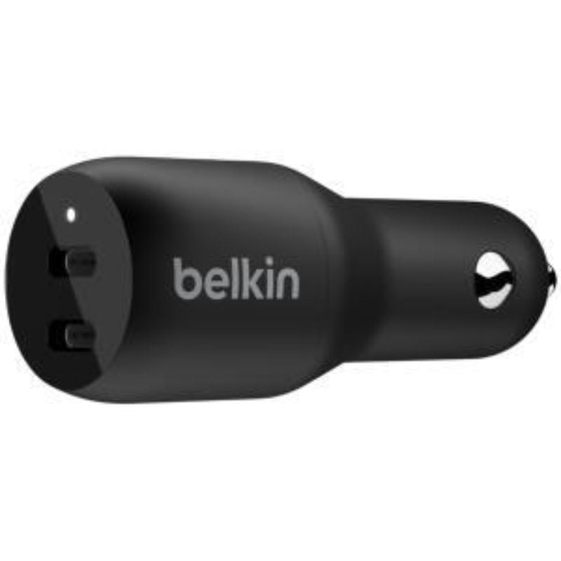 Belkin Auto Adapter with dual USB-C ports for fast charging two devices simultaneously, providing 18W power output each.