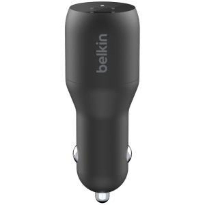 Belkin Auto Adapter for fast charging two devices, 12V input, 18W output per USB-C port, compact for travel.
