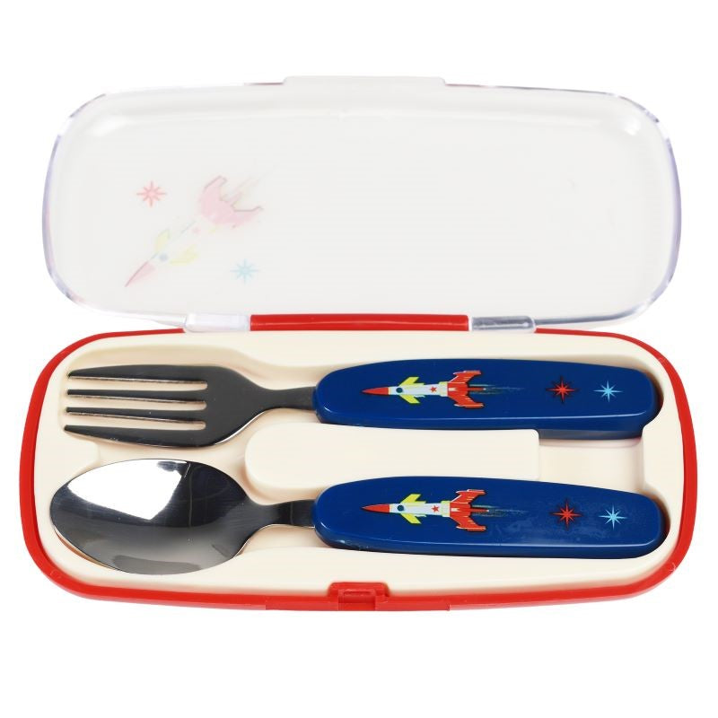 Space Age Children's cutlery set featuring a fork and spoon in a portable case, perfect for young explorers at mealtime.