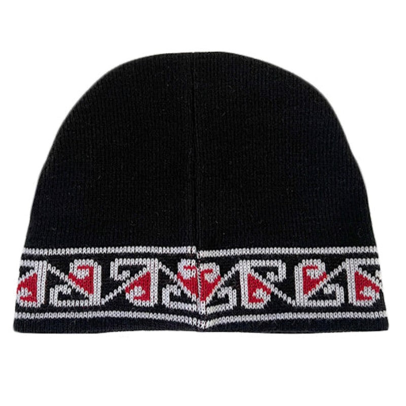 Black, red, and white Maori Te Arawa beanie made from wool, representing Maori culture and keeping you warm in colder months.
