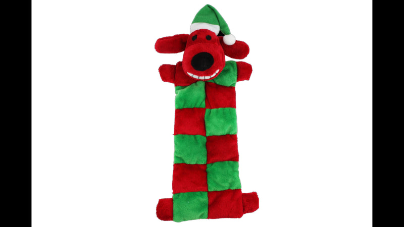 Christmas-themed plush dog toy mat with 13 squeakers, available in green or red, measuring 30cm long.