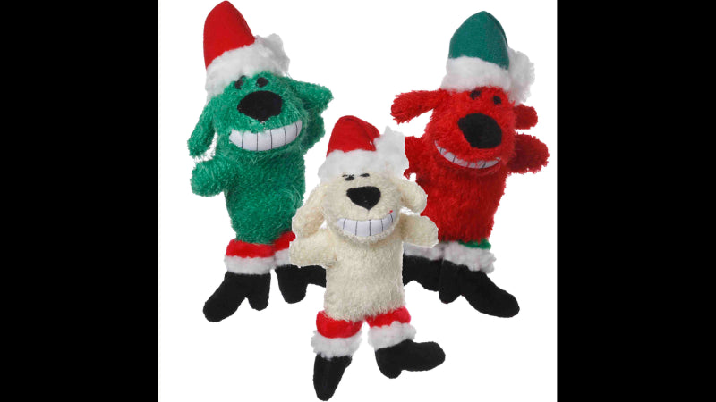Loofa Santa dog toy, 15cm, with internal squeaker, ideal for fetching and festive playtime fun.