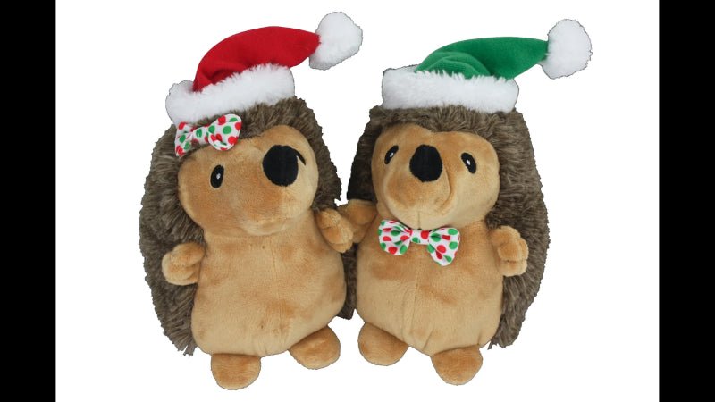 Soft plush Xmas hedgehog dog toy that grunts when squeezed; 18cm high for festive fun.