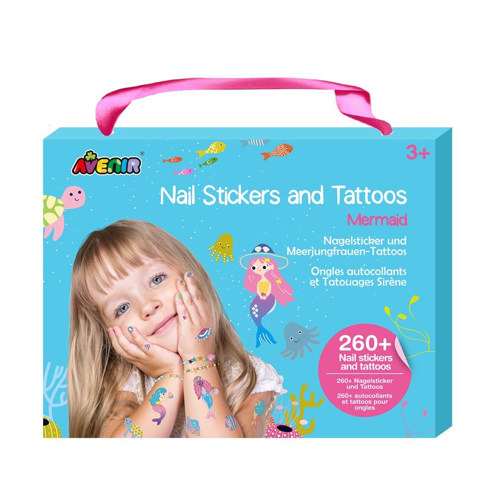 Colorful mermaid-themed nail stickers and tattoos for kids, featuring over 260 designs for creative self-expression.