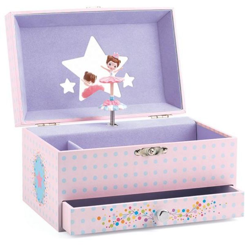 Musical box featuring a twirling ballerina and star-shaped mirror, playing 'Invitation to the Dance', perfect for storing jewels.
