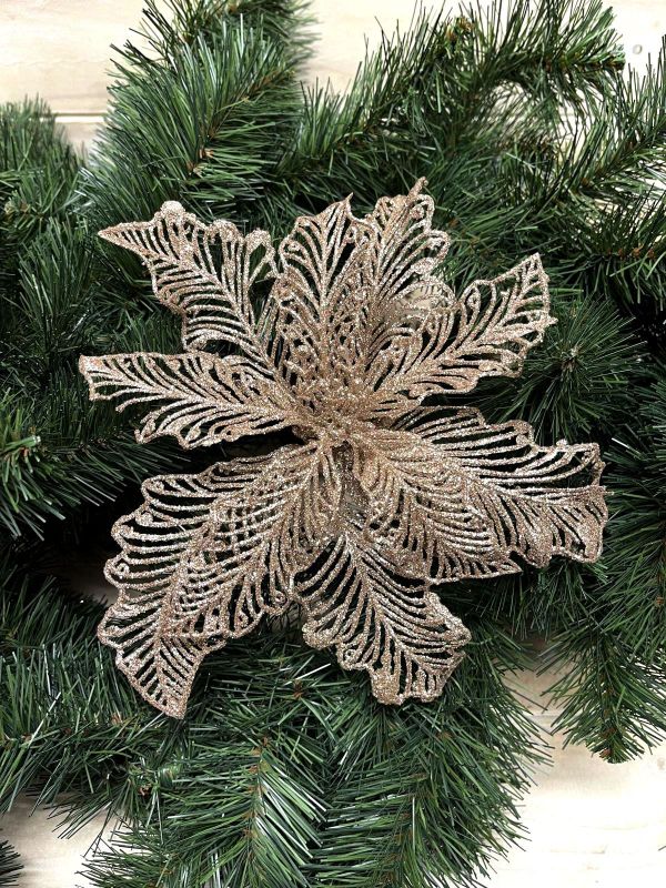 Artificial Poinsettia Head - Champagne Glittered