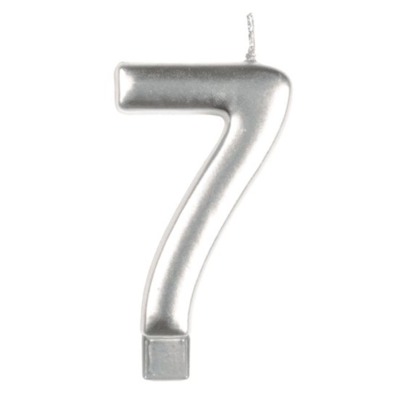 Elegant silver numeral candle #7, 8cm tall, perfect for birthdays and celebrations, adding a festive glow to cakes.