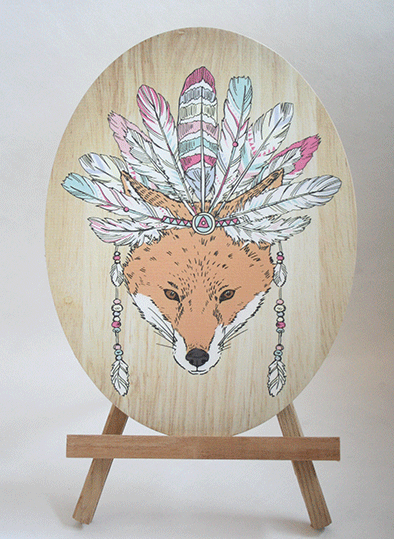 Tribal Fox plywood oval wall art, eco-friendly design, 210mm x 280mm, adds character to any room, ready to hang.