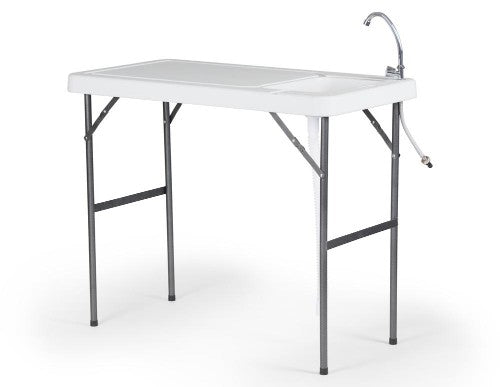 Outdoor fillet table with built-in sink, stainless steel faucet, and foldable design for easy transport and storage.