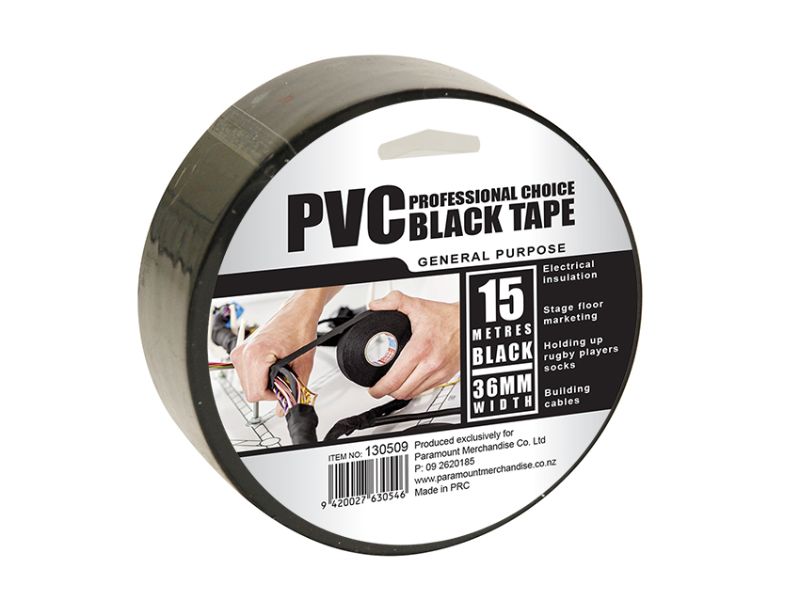 Durable black PVC electrical insulation tape, 36mm x 15m rolls in a set of 36 for reliable wiring and repairs.