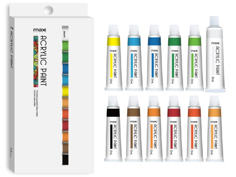 Max Brand set of 12 acrylic paints, featuring vibrant colors and fast-drying formula, ideal for artists and DIY projects.