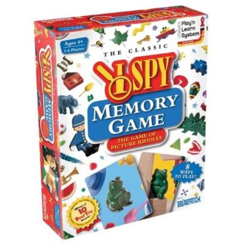 Colorful memory cards featuring I Spy themes, designed for developing visual, memory, and reading skills for ages 3 and up.