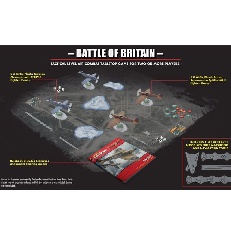 Tabletop game featuring 1:72 scale Spitfire and Bf109 miniatures for fast-paced aerial combat in the Battle of Britain.