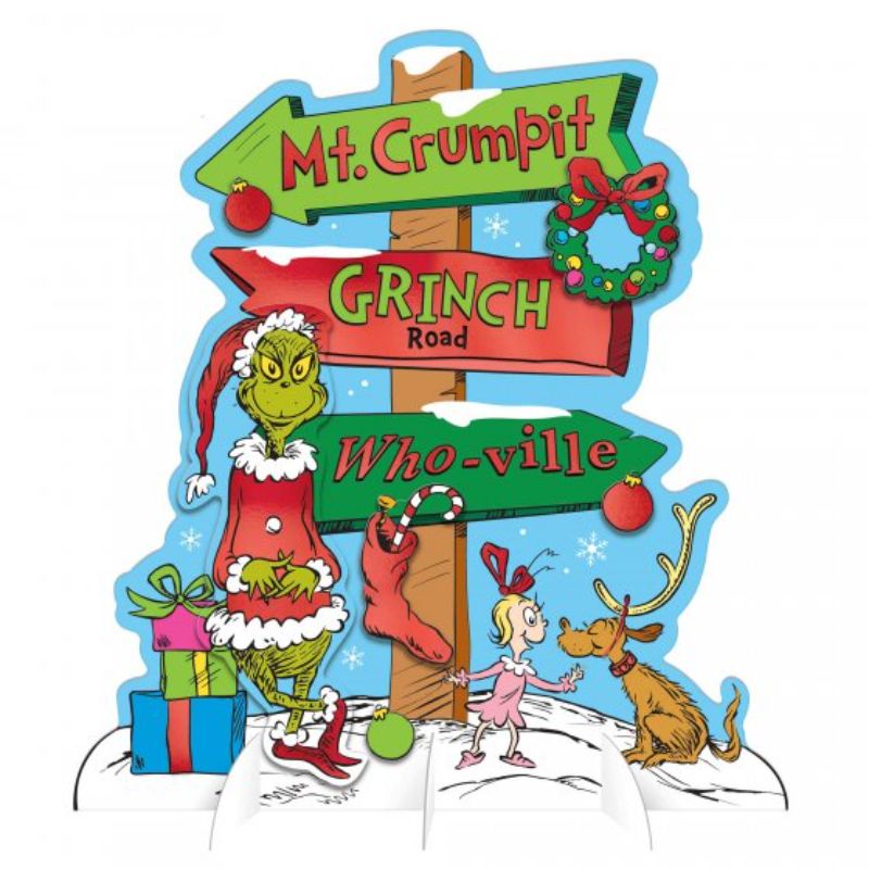 Cardboard directional sign featuring Dr. Seuss's The Grinch, measuring 34cm, perfect for festive holiday decor.