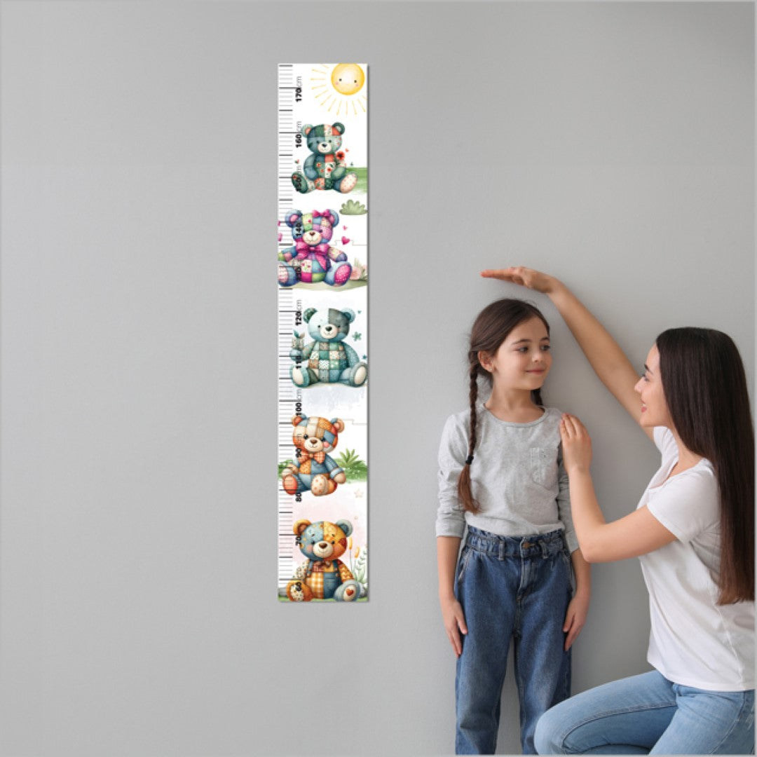Charming patchwork teddy bear growth chart for tracking children's height, includes markers and puzzle pieces, 175 cm tall.