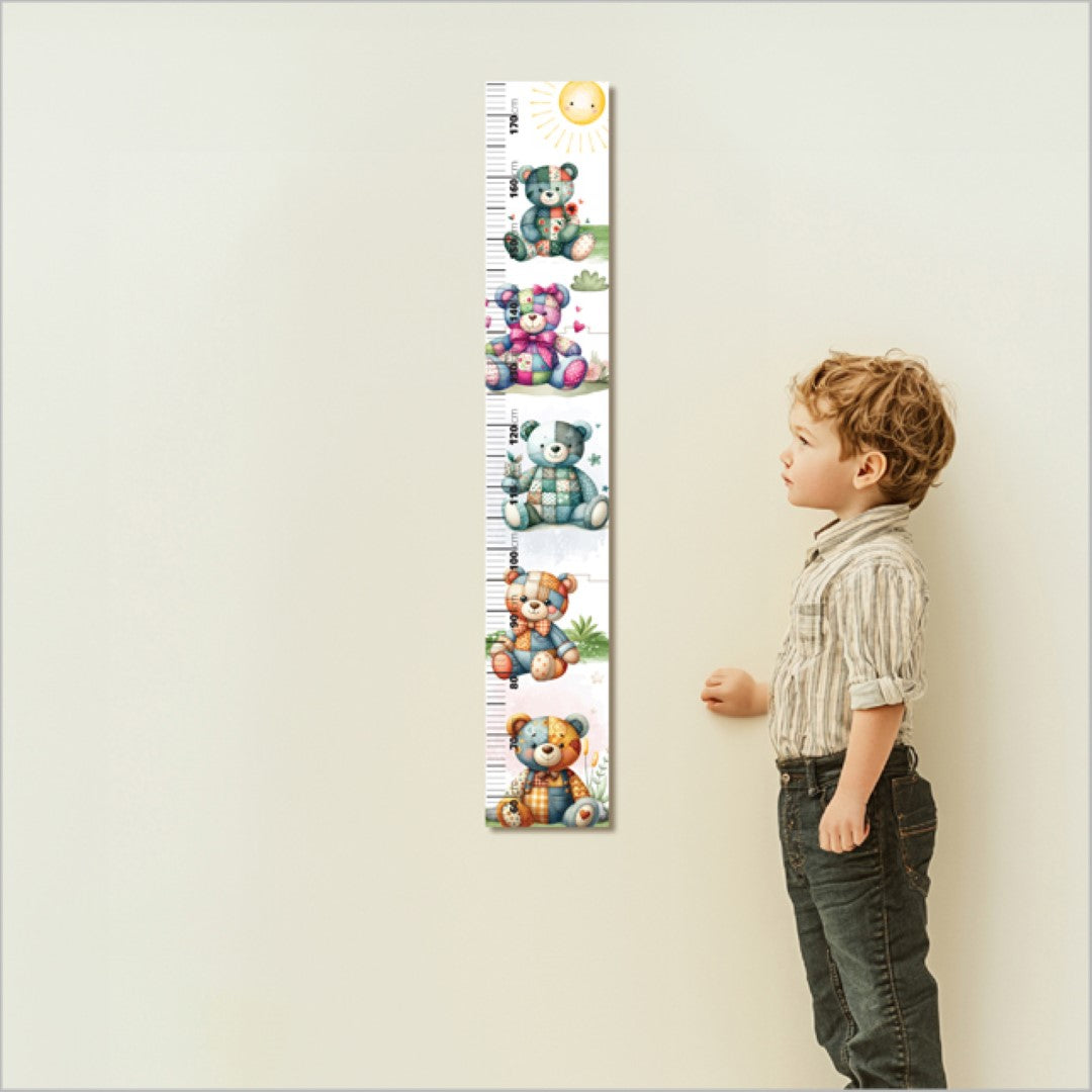 Colorful patchwork teddy bear height chart to track child's growth, includes markers, easy to hang, perfect nursery decor.