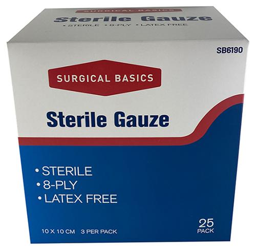 GAUZE SWABS STERILE 10 X 10CM8PLY 3PK DISP 25