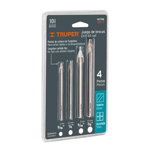 Truper Glass & Tile Drill Set 3/16",1/4",5/16",3/8 4 pce