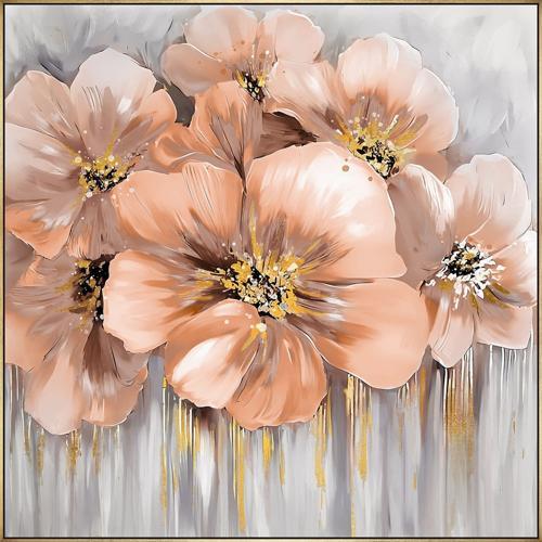 Hand Painted Gold Flower Painting - Gold Frame - 100x100x3.5