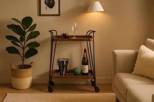 Wooden & Metal Bar Cart (grey Glass) - Natural / Black - 620 X 380 X 720