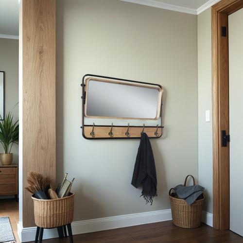 Wall Mirror Withcoat Hooks - Natural / Black - 850 X 520 X 80