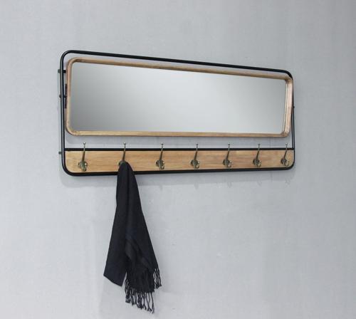Wall Mirror Withcoat Hooks - Natural / Black - 1270 X 520 X 80