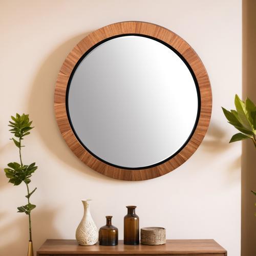 Teak & Black Round Mirror - Teak Veneer / MDF