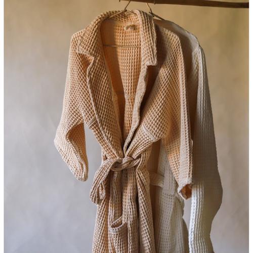 Pique Waffle Bathrobe with Collar - Latte - Akiiko