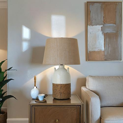 Antique Ceramic Lamp with Hessian Shade - 370 X 370 X 555