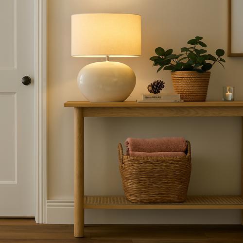 Glazed White Ceramic Lamp with Linen Shade