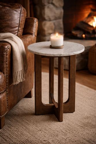 Marble Top Side Table - Walnut / Marble - 400 X 400 X 500