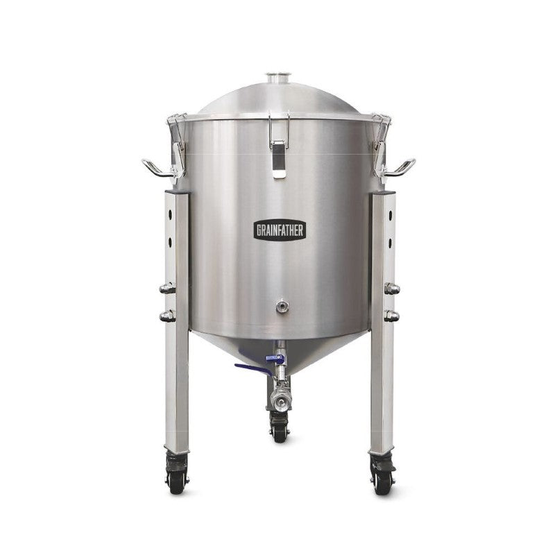 Grainfather SF50 Conical Fermenter with 50L capacity, adjustable legs, castor wheels, and stainless steel for easy brewing and cleaning.