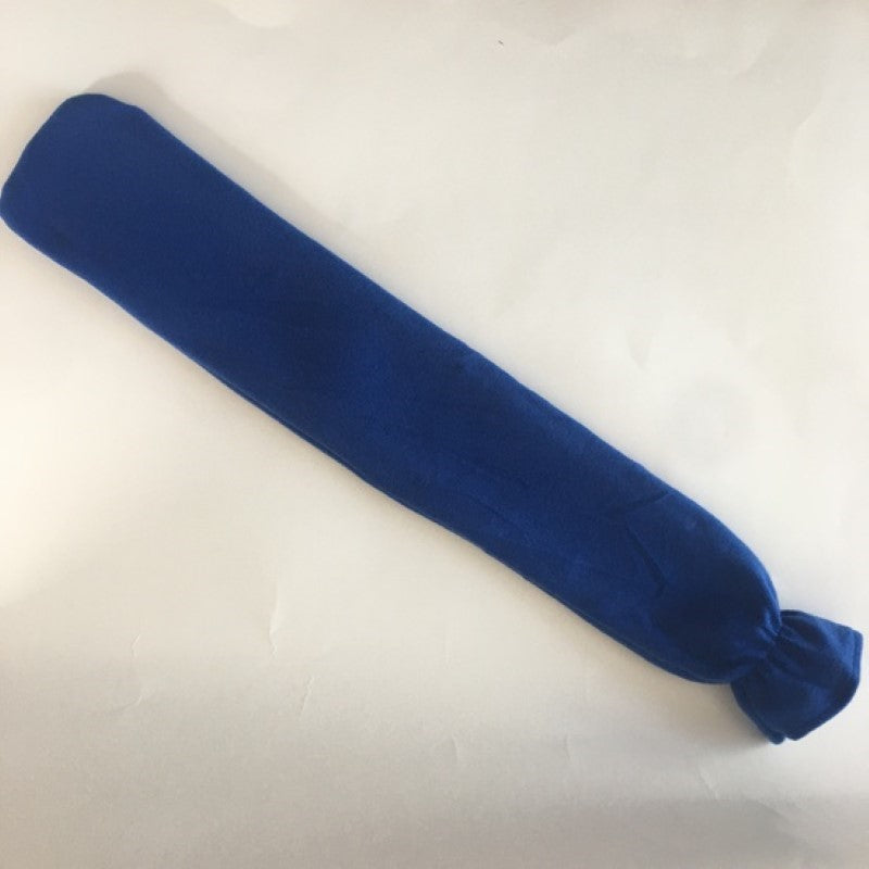 Long blue hot water bottle with a soft fleece cover, 72cm long, ideal for warmth and pain relief on chilly nights.