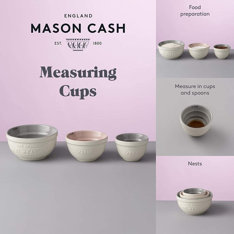Mason Cash set of 3 stoneware measuring cups with clear measurements, nesting design for easy storage, and chip-resistant finish.