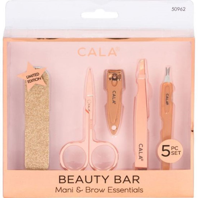 Cala Beauty Bar Kit: 5-piece rose gold grooming set for flawless nails and brows, including file, scissors, clippers, tweezers, trimmer.