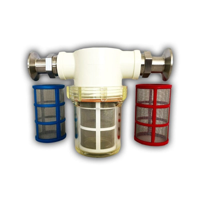 Bouncer Pro inline filter with stainless steel construction, customizable screens, and easy tri-clamp connection for brewing.